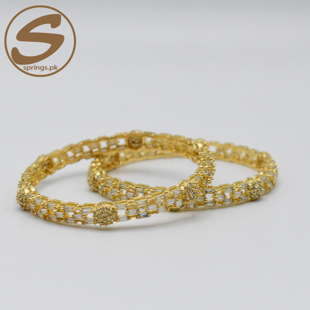 Bangles Set Golden with White Tapered Stones and White Zircon Stones_02